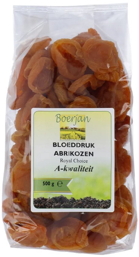 Zak gedroogde abrikozen (500 g) met etiket Boerjan, bloeddruk, Royal Choice, A-kwaliteit.