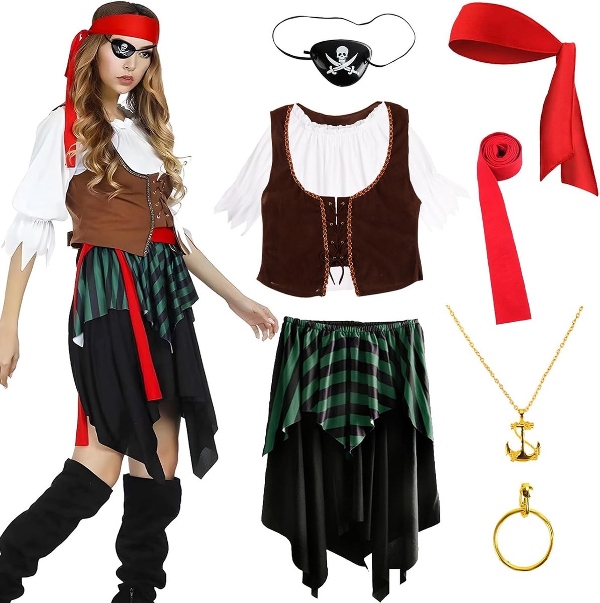 Piratenkostuum voor dames, piratenkostuum voor volwassenen, met oogklep, halsketting, oorring, piratenkostuum voor carnaval, Halloween en piratenfeest, volwassenen dames (M)
