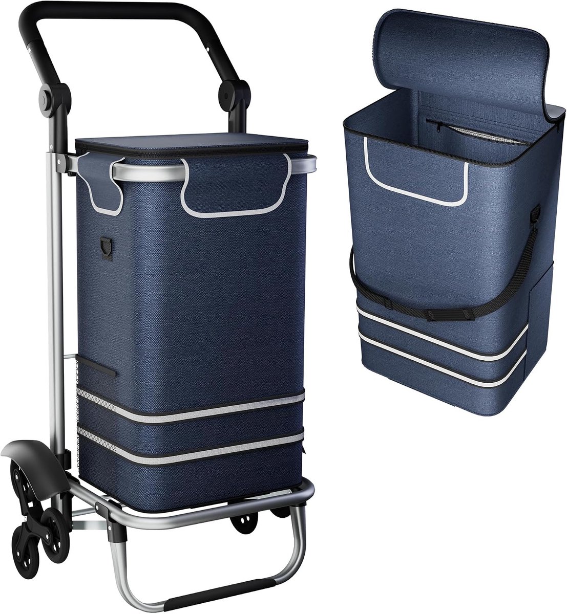 3-in-1 boodschappentrolley, inklapbaar, 56 liter, met koelvak, winkelwagen met 3 wielen, tot 30 kg belastbaar, 600D Oxford boodschappentrolley met wielen, opvouwbare shopper en schoudertas