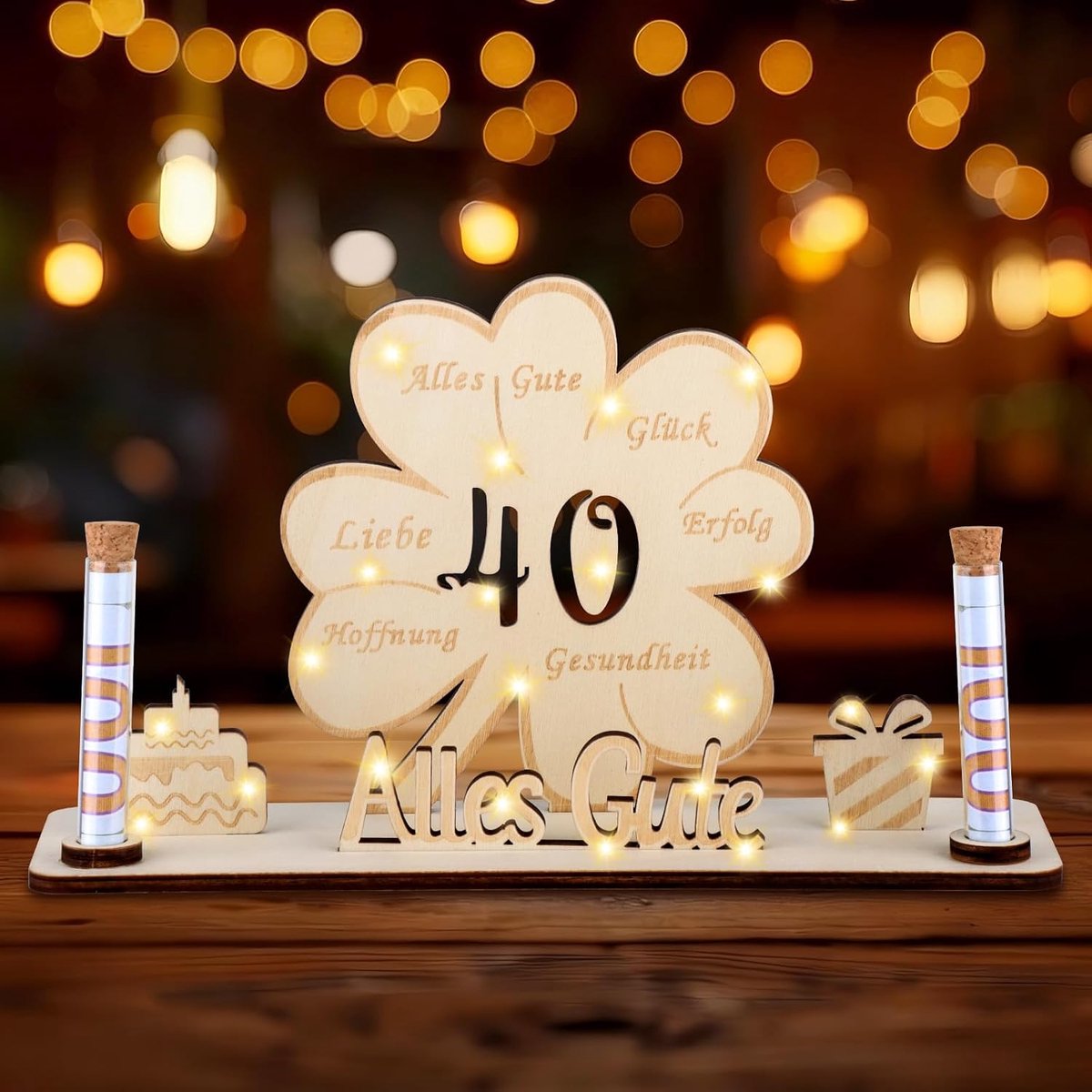 40 geldcadeaus verjaardag, 40 verjaardagsdecoratie, LED klavertje geluk, verjaardag hout met LED voor verjaardag vrouwen mannen feesten jubileum cadeaus