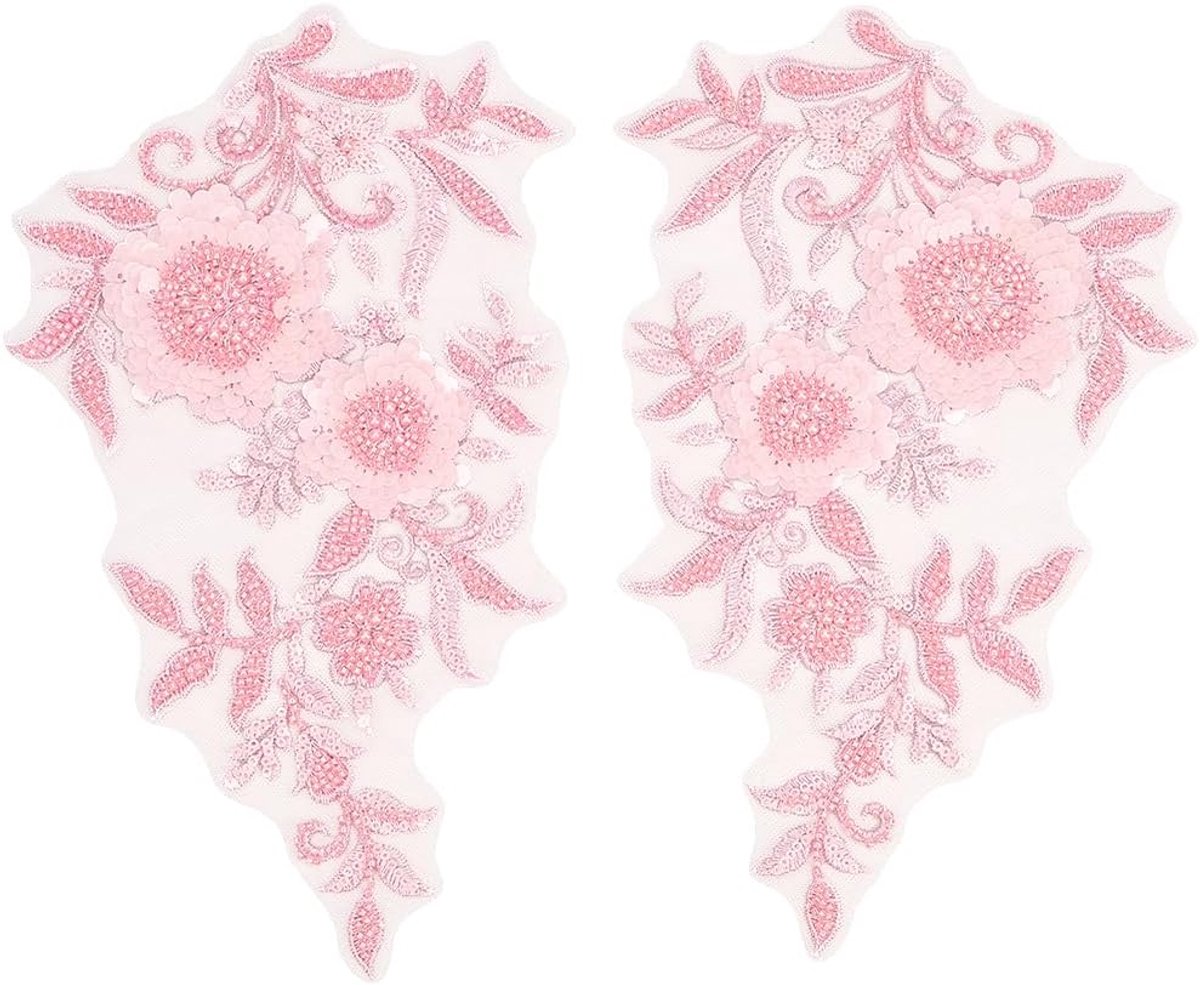 2 Stuks Roze Bloemen Pailletten Kant Applique Geborduurde 3D Bloem Sparkle Kralen Patches Naaien Vintage Hals Polyester Applicaties Voor Naaien Maken Jurken Tassen Bruiloft Kleding Decor Diy