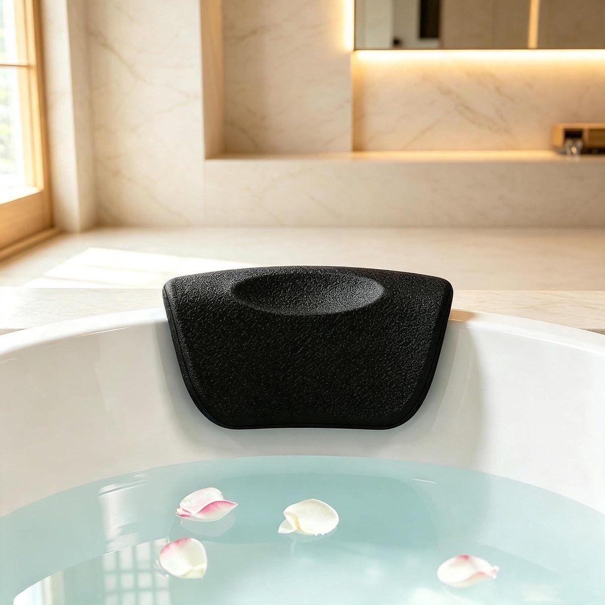 Badkussen Waterafstotend – Hoofd- en Neksteun met 2 Antislip Zuignappen voor Badkuip – Badaccessoires voor Thuis Spa & Ontspanning - Zwart