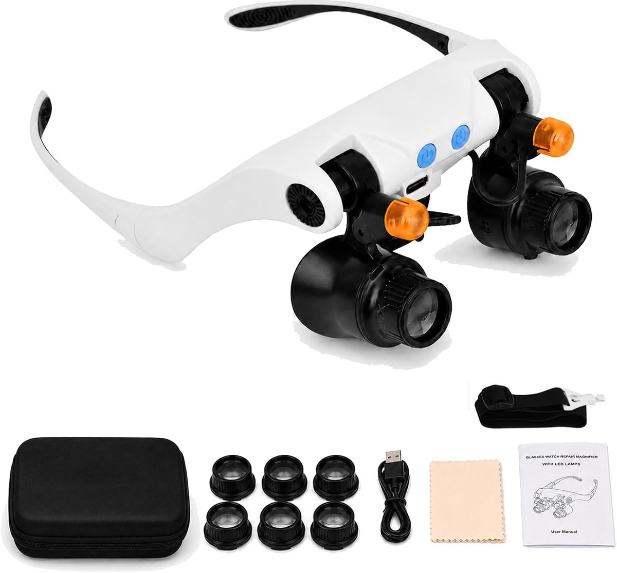 Loepbril met licht, vergrotingsbril, hoofdvergrootglas, loepbril met licht en vergroting, professionele hoofdbandloep met 4 lenzen 10 x 25 x, voor horlogereparatie