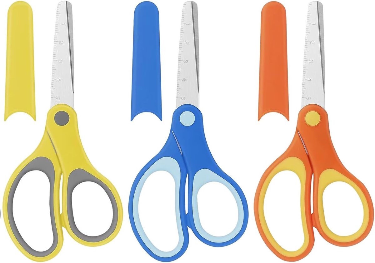 3 stuks veiligheidsschaar met afdekking en schaal, knutselschaar met stompe punt, rechts-/linkshandige roestvrijstalen schaar, voor thuis en school, duurzaam en veilig, 14,6 cm, (3