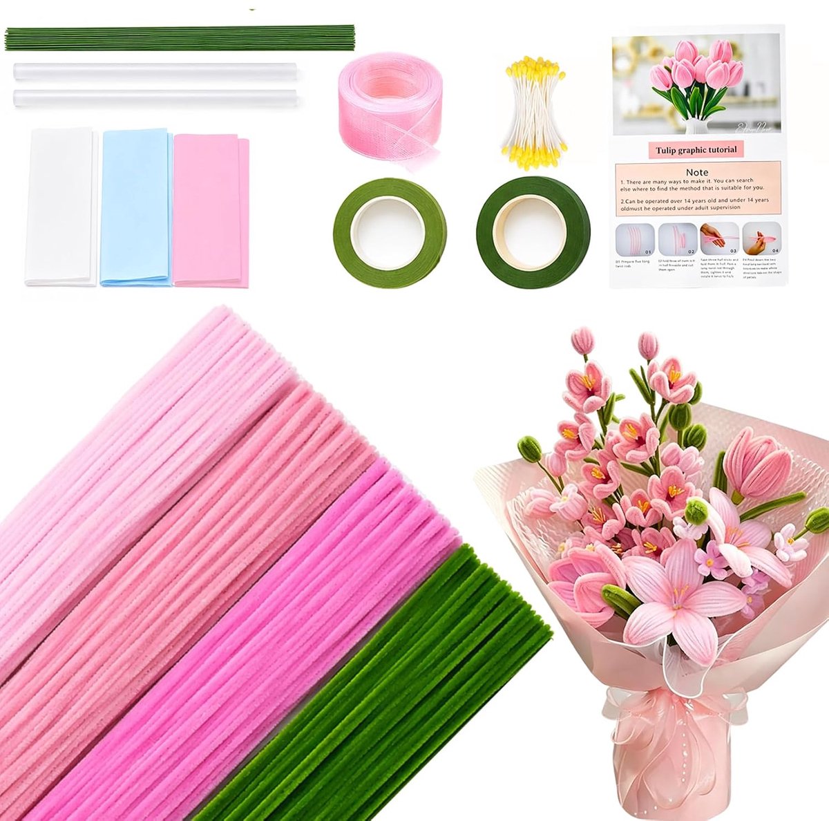 400 stuks pijpenreinigers, bloemenset, pijpenreinigers om te knutselen, Pipe Cleaner Flower set met groene bloemenstokken, plakband, banden, stofbakken voor doe-het-zelf knutselwerk en