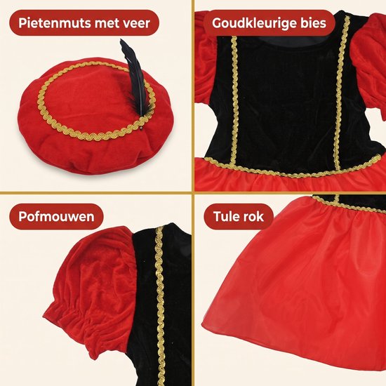 Details van de Pietenjurk: muts met veer, gouden biezen, pofmouwen en tule rok.