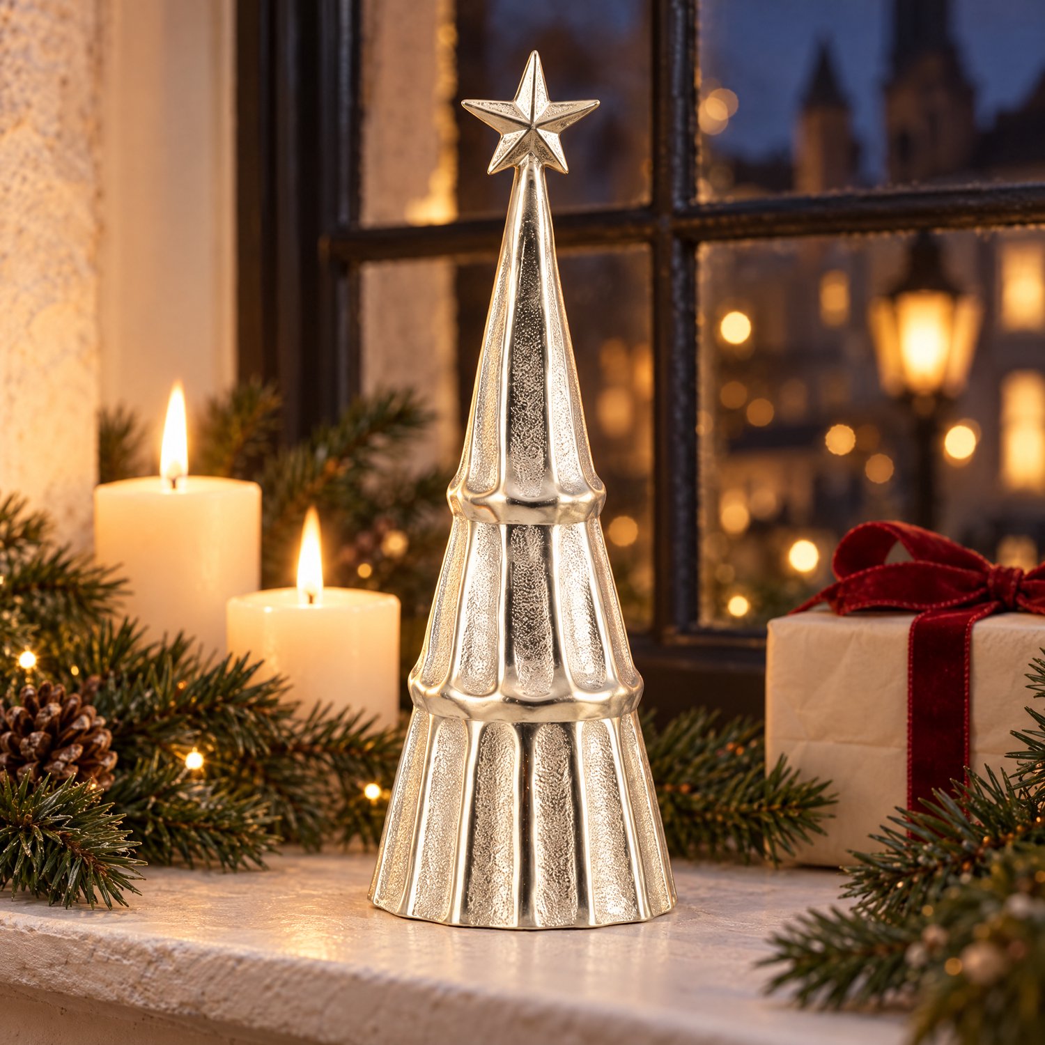 Cheqo® Decoratieve Kerstboom 25 cm - Kerstboompje Zilver met Ster - Kerstdecoratie voor Binnen - Kerst Tafeldecoratie - Kerstbeeld - Kerstversiering - Vensterbank Decoratie - Kerstfiguur - Winterdecoratie - Woonaccessoires - Kerstdeco