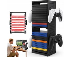Game Opbergrek - Gaming Tower Opberg Kast - Spellen Houder - 17,7×11×45,4cm - Voor 24 Discs & 4 Controllers - Compatibel met PS5 & PS4 & Xbox & Switch - Ruimtebesparend - Voor Kleine Gamekamer & Bureau - Zwart