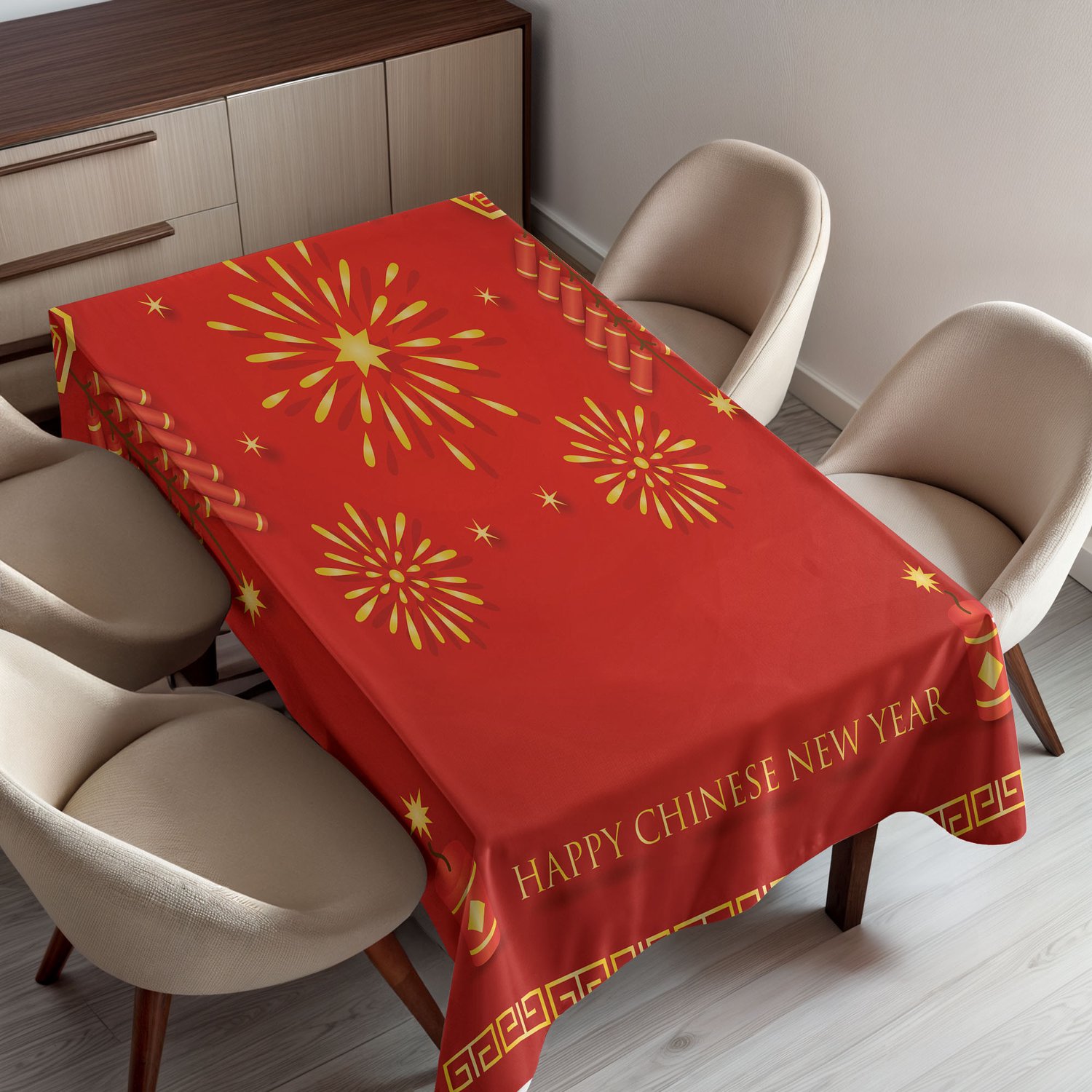ABAKUHAUS Chinees Nieuwjaar Tafelkleed, Vieringsthema met Vuurwerk en Rotjes Oosterse Cultuur Print, Rechthoekig Tafelkleed voor Feest Eetkamer en Keukendecoratie, 150 x 220 cm, Vermiljoen Geel