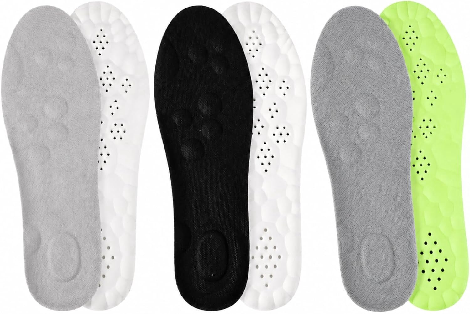 3 paar orthopedische inlegzolen van PU-schuim, maat 40, ademende zolen voor mannen en vrouwen, wit-grijs, wit-zwart en groen-grijs