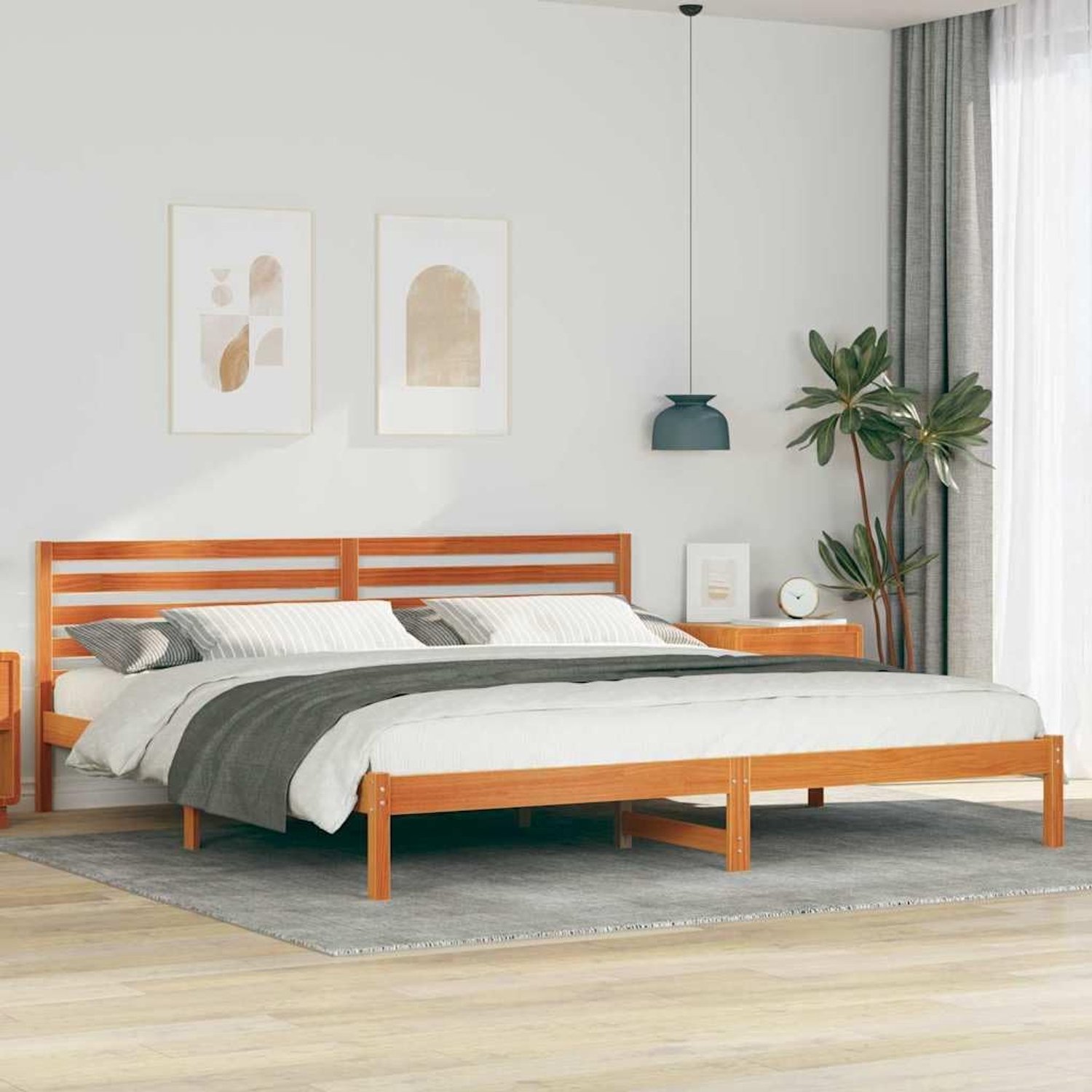 Grenenhouten bedframe 180 x 210 cm in wasbruin met platformlattenbodem en hoofdeinde voor moderne slaapkamer