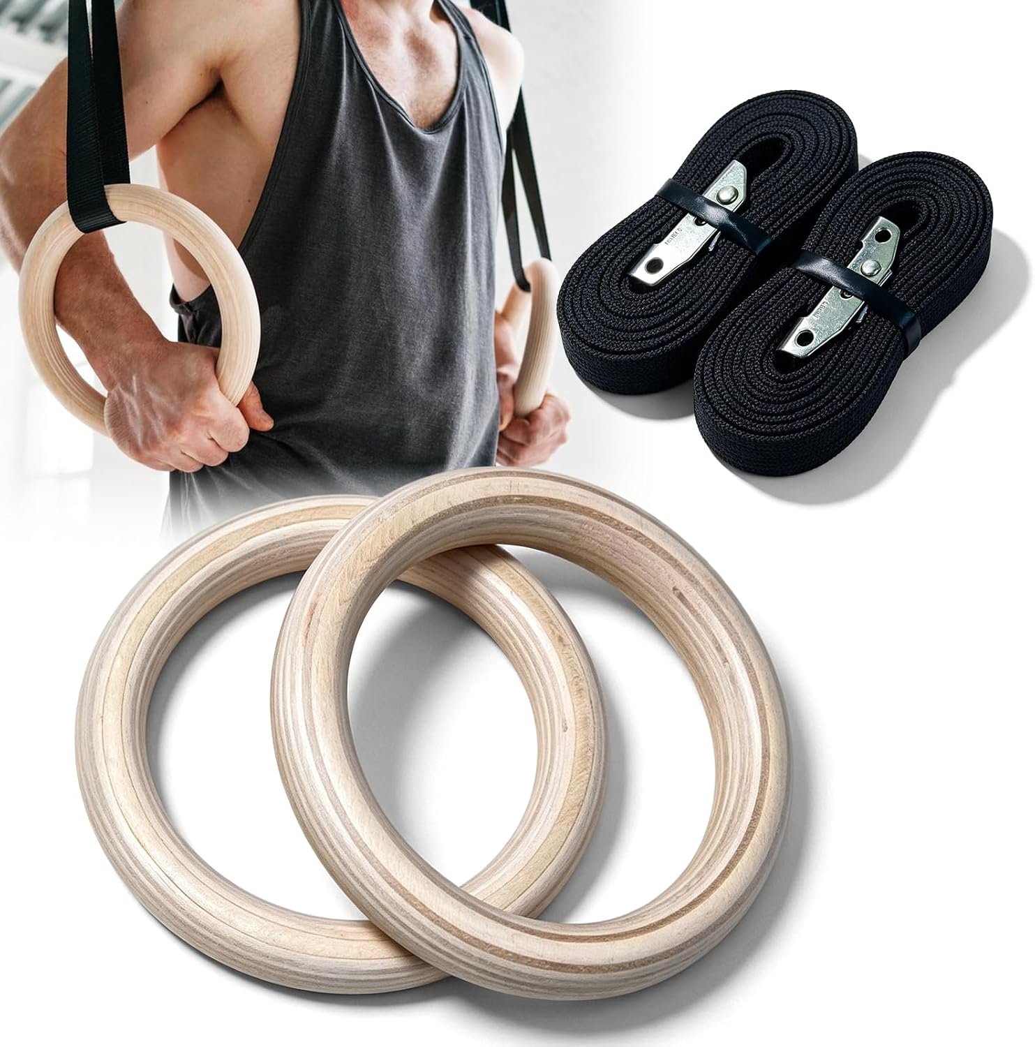 Ringen van hout, 28 cm, met riemen van 25 mm, gymnastiekringen voor fitness en calisthenics thuis en buiten, voor sport en krachttraining