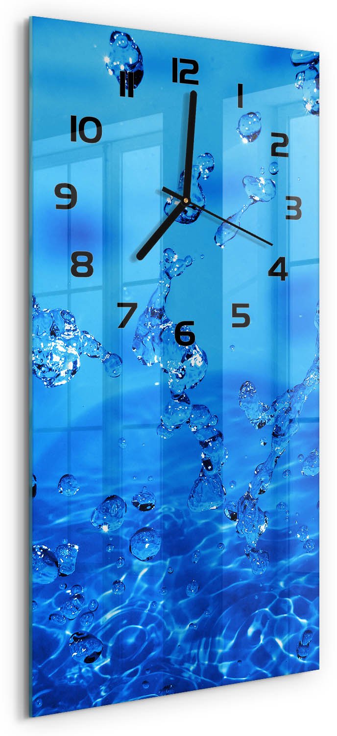 Tulup Wandklok - Waterdruppels Decoratieve Glazen Klok - 30x60 cm - Blauw Glazen Wandklok Design - Zwarte handen - Rechthoekige Klok - Glazen Klok Met Print - Wandklok Glas Met Motief