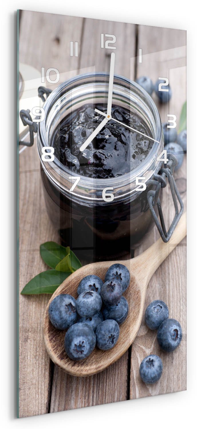 Tulup Wandklok - Bosbessenjam Wandklok Glas Decoratie - 30x60 cm - Blauw Gekleurde Glazen Klok - Witte handen - Rechthoekige Klok - Klok Glas Met Opdruk - Moderne Wandklok Glas