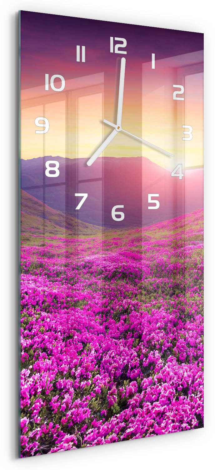 Tulup Wandklok - Rhododendrongebergte Gekleurde Glazen Klok - 30x60 cm - Roze Glazen Klok Met Print - Witte handen - Rechthoekige Klok - Moderne Wandklok Glas - Wandklok Glas Decoratie