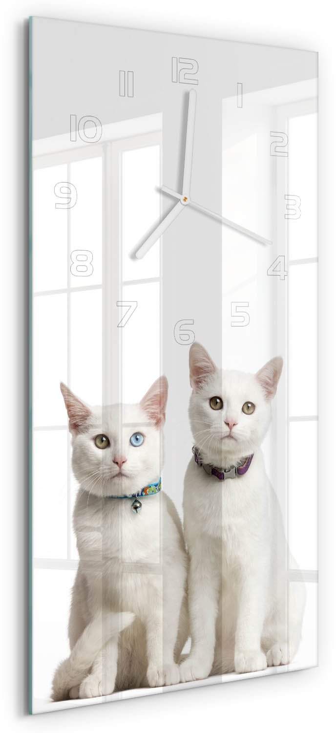 Tulup Wandklok - Witte katten Moderne Wandklok Glas - 30x60 cm - Wit Wandklok Glas Decoratie - Witte handen - Rechthoekige Klok - Glazen Wandklok Design - Klok Glas Met Opdruk