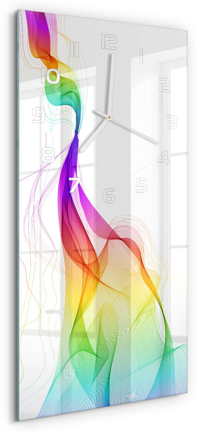 Tulup Wandklok - Kleurrijke abstractie Gekleurde Glazen Klok - 30x60 cm - Veelkleurig Glazen Klok Met Print - Witte handen - Rechthoekige Klok - Moderne Wandklok Glas - Wandklok Glas Decoratie