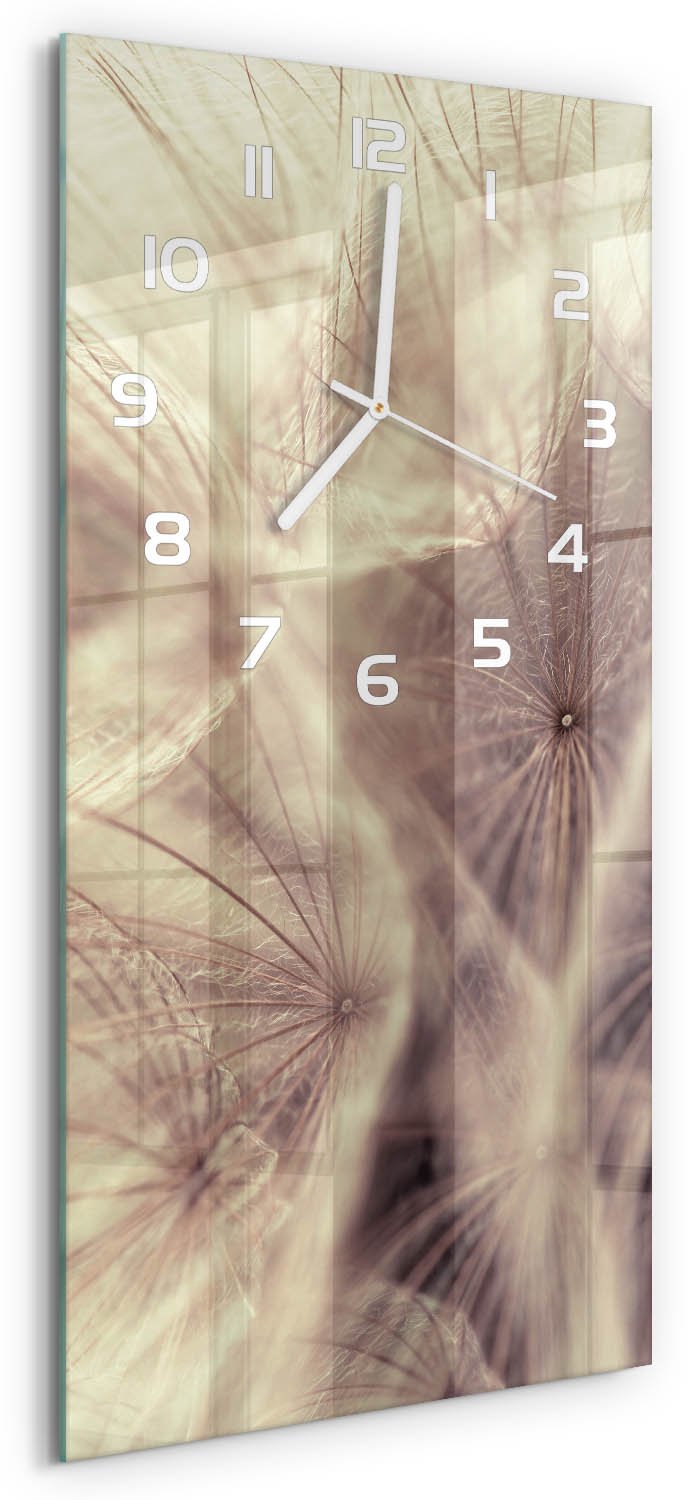 Tulup Wandklok - Paardebloem Gekleurde Glazen Klok - 30x60 cm - Grijs Glazen Klok Met Print - Witte handen - Rechthoekige Klok - Moderne Wandklok Glas - Wandklok Glas Decoratie