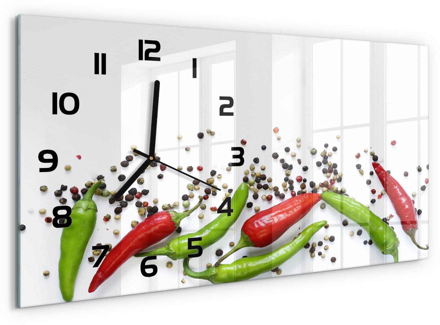 TULUP Wandklok - Chilipepers Glazen Wandklok Design - 60x30 cm - Veelkleurig Klok Glas Met Opdruk - Zwarte handen - Rechthoekige Klok - Wandklok Glas Met Motief - Decoratieve Glazen Klok