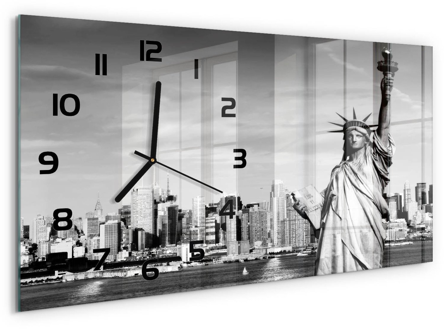 TULUP Wandklok - Vrijheidsbeeld Klok Glas Met Opdruk - 60x30 cm - Zwart-wit Moderne Wandklok Glas - Zwarte handen - Rechthoekige Klok - Decoratieve Glazen Klok - Glazen Wandklok Design