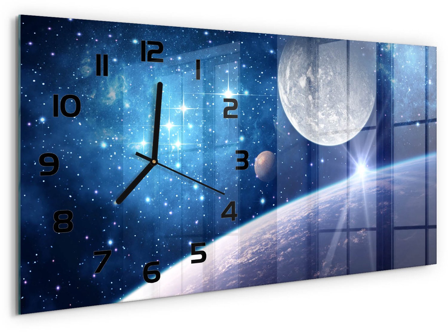 TULUP Wandklok - Maan Decoratieve Glazen Klok - 60x30 cm - Blauw Glazen Wandklok Design - Zwarte handen - Rechthoekige Klok - Glazen Klok Met Print - Wandklok Glas Met Motief