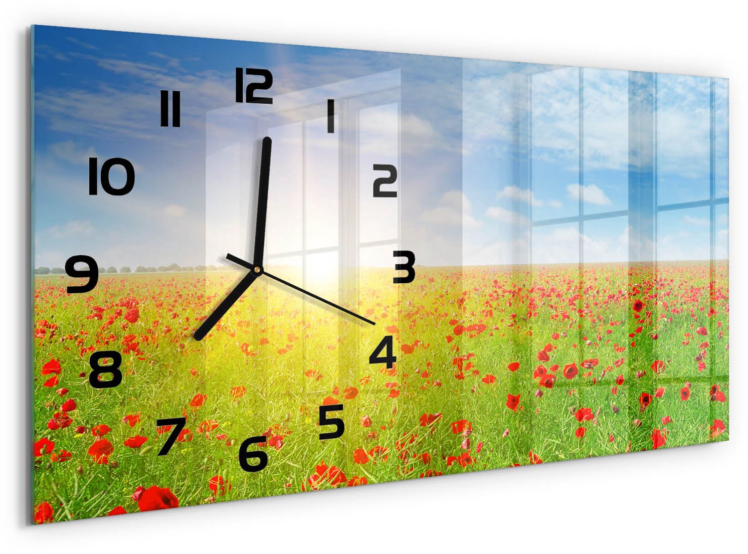 TULUP Wandklok - Klaproosveld Gekleurde Glazen Klok - 60x30 cm - Veelkleurig Glazen Klok Met Print - Zwarte handen - Rechthoekige Klok - Moderne Wandklok Glas - Wandklok Glas Decoratie