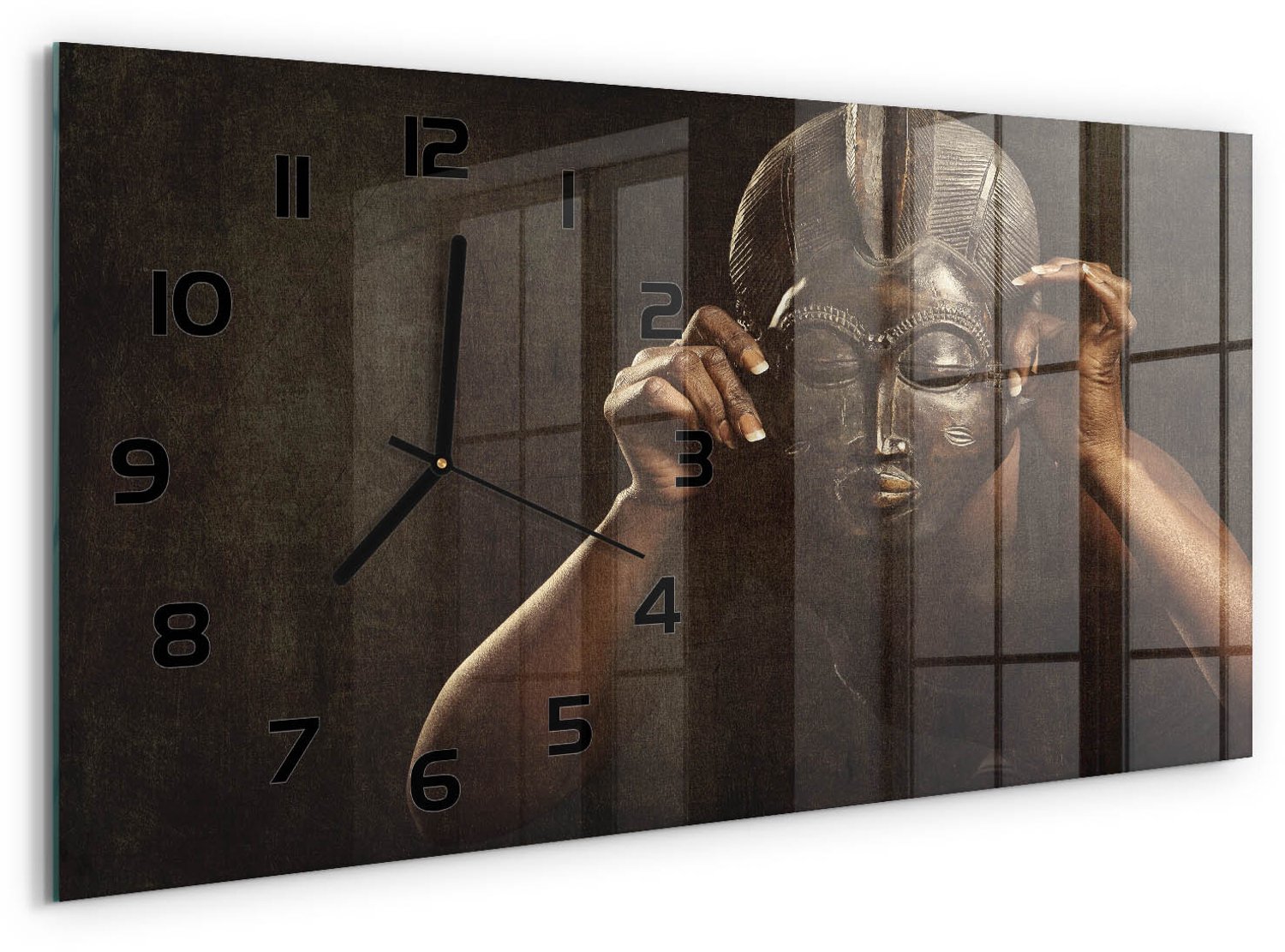 TULUP Wandklok - Afrikaans masker Klok Glas Met Opdruk - 60x30 cm - Bruin Moderne Wandklok Glas - Zwarte handen - Rechthoekige Klok - Decoratieve Glazen Klok - Glazen Wandklok Design