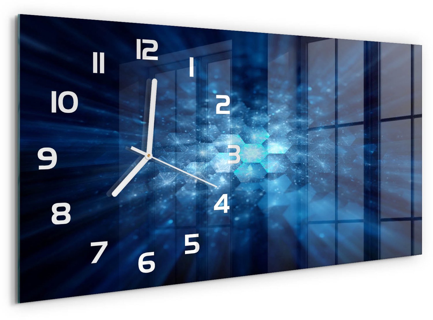 TULUP Wandklok - Kristallen Decoratieve Glazen Klok - 60x30 cm - Blauw Glazen Wandklok Design - Witte handen - Rechthoekige Klok - Glazen Klok Met Print - Wandklok Glas Met Motief