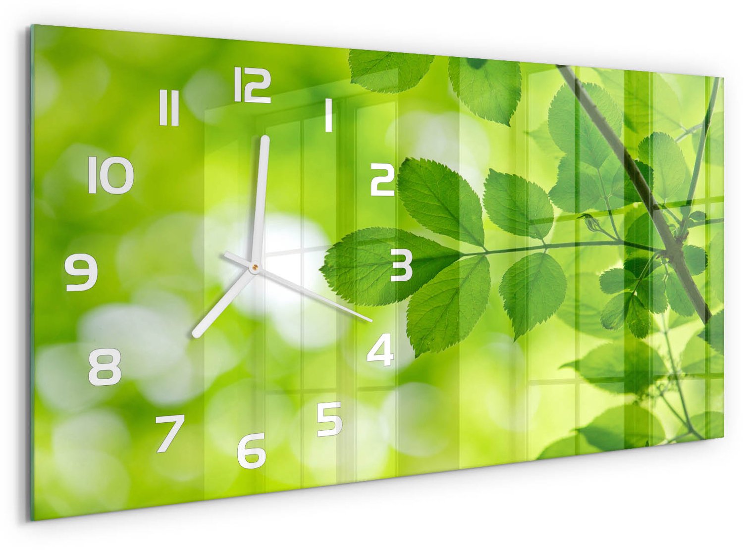 TULUP Wandklok - Groene bladeren Gekleurde Glazen Klok - 60x30 cm - Groente Glazen Klok Met Print - Witte handen - Rechthoekige Klok - Moderne Wandklok Glas - Wandklok Glas Decoratie