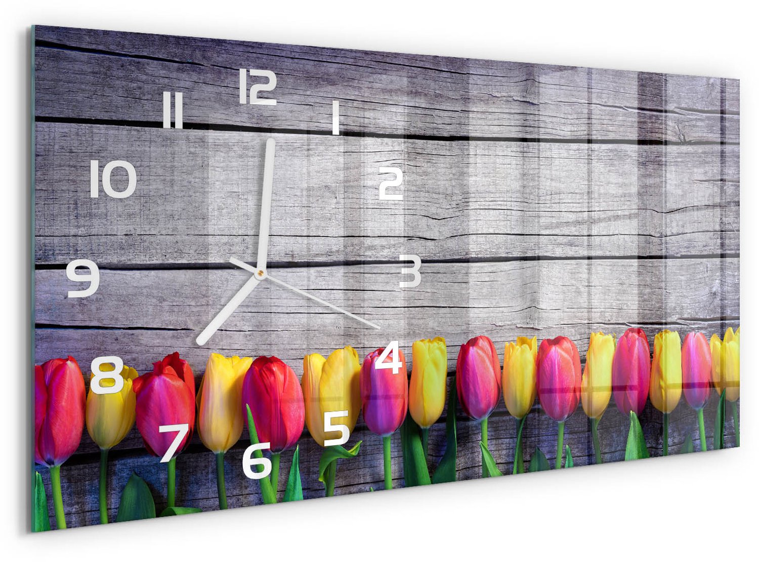 TULUP Wandklok - Tulpen op hout Wandklok Glas Decoratie - 60x30 cm - Veelkleurig Gekleurde Glazen Klok - Witte handen - Rechthoekige Klok - Klok Glas Met Opdruk - Moderne Wandklok Glas