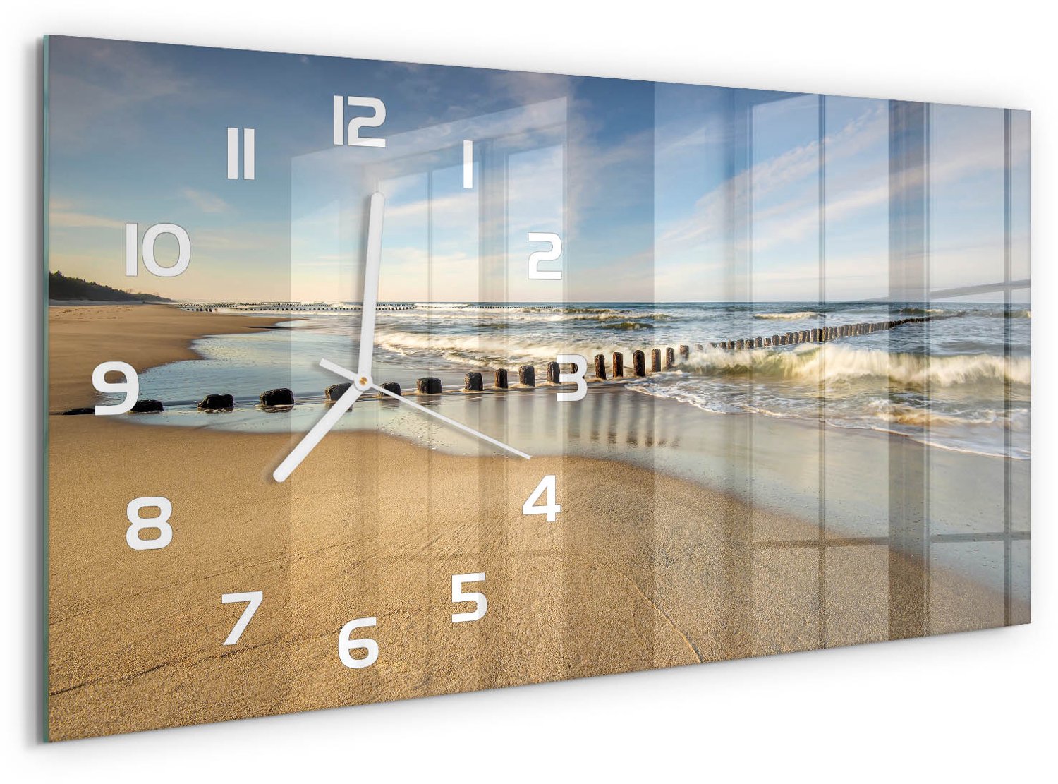 TULUP Wandklok - Strand aan de Oostzee Moderne Wandklok Glas - 60x30 cm - Blauw Wandklok Glas Decoratie - Witte handen - Rechthoekige Klok - Glazen Wandklok Design - Klok Glas Met Opdruk