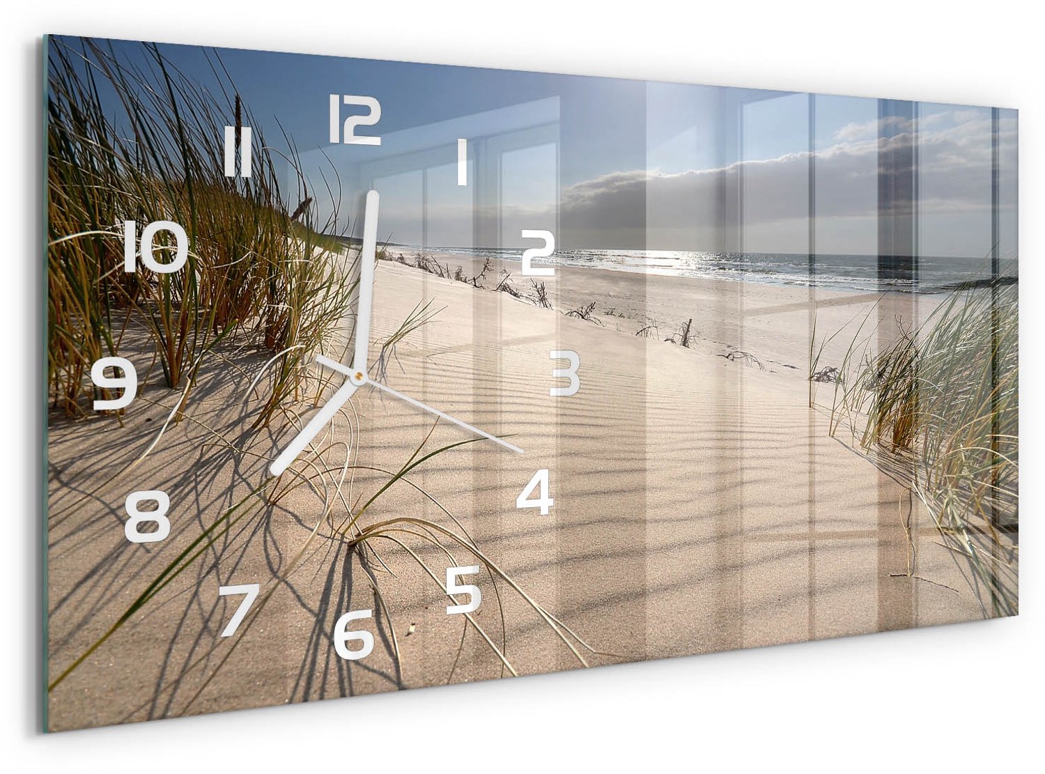 TULUP Wandklok - Mrzeżyno-strand Moderne Wandklok Glas - 60x30 cm - Beige Wandklok Glas Decoratie - Witte handen - Rechthoekige Klok - Glazen Wandklok Design - Klok Glas Met Opdruk