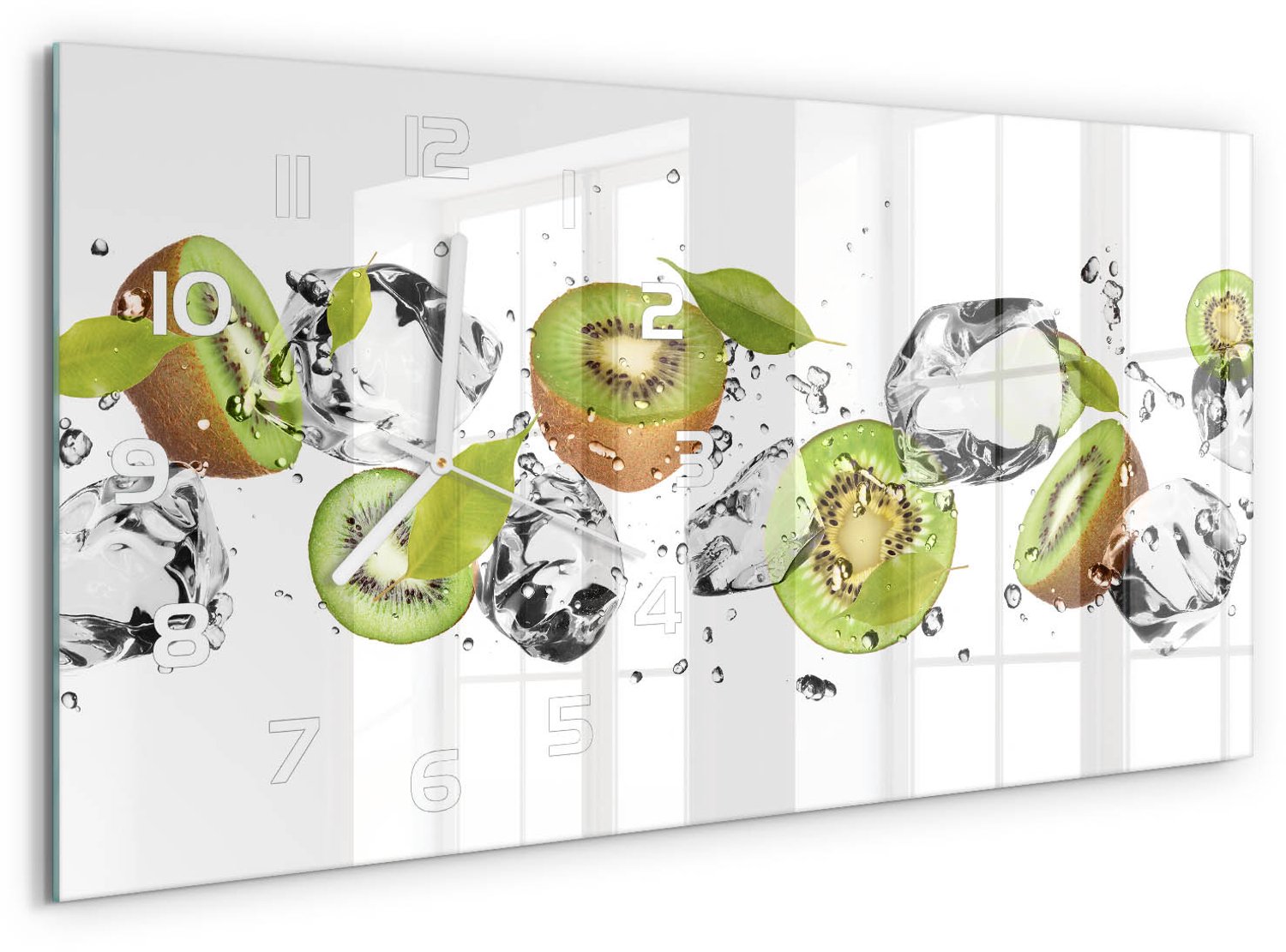 TULUP Wandklok - Kiwi en water Moderne Wandklok Glas - 60x30 cm - Groente Wandklok Glas Decoratie - Witte handen - Rechthoekige Klok - Glazen Wandklok Design - Klok Glas Met Opdruk