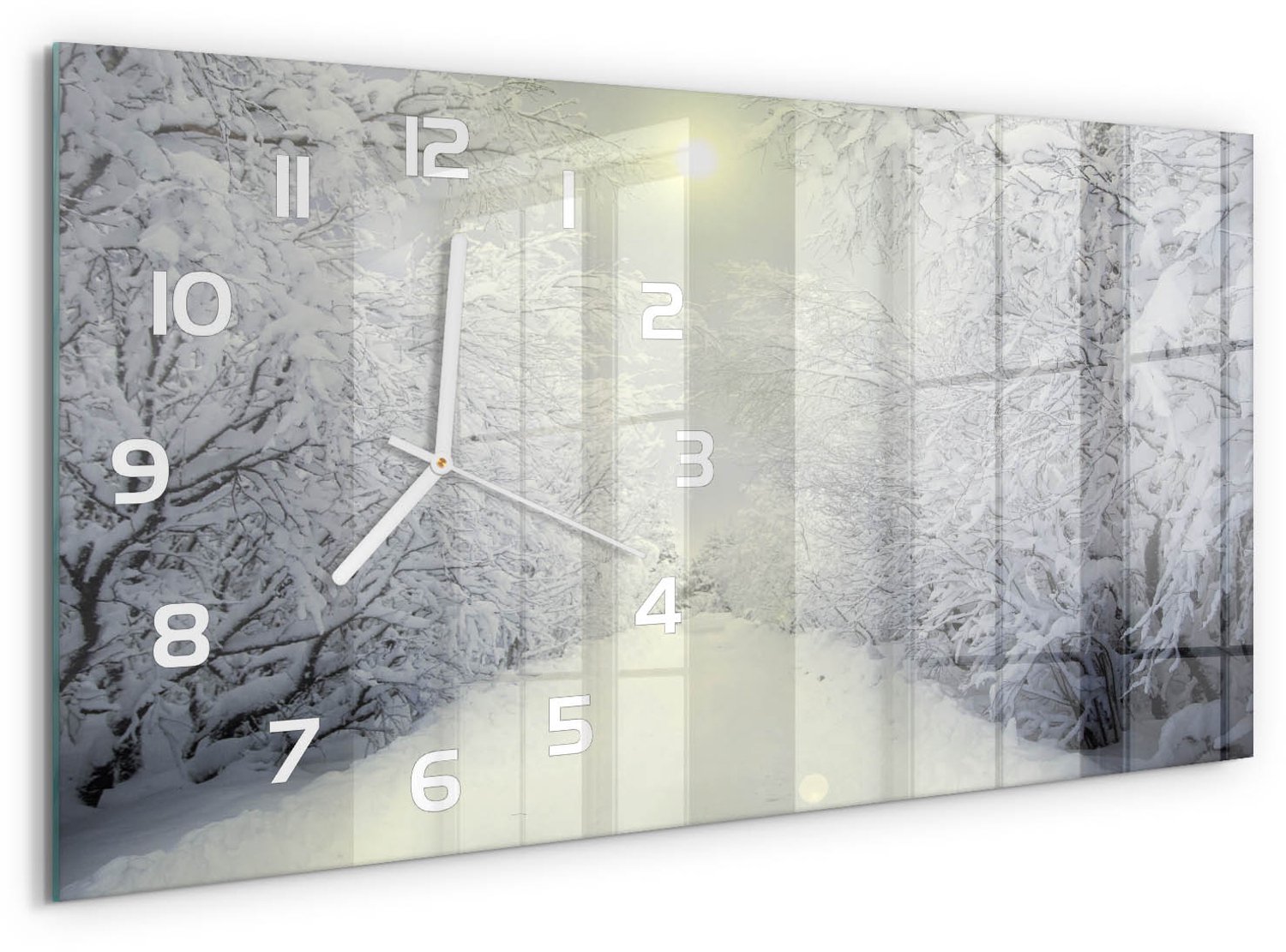 TULUP Wandklok - Winterbos Klok Glas Met Opdruk - 60x30 cm - Wit Moderne Wandklok Glas - Witte handen - Rechthoekige Klok - Decoratieve Glazen Klok - Glazen Wandklok Design