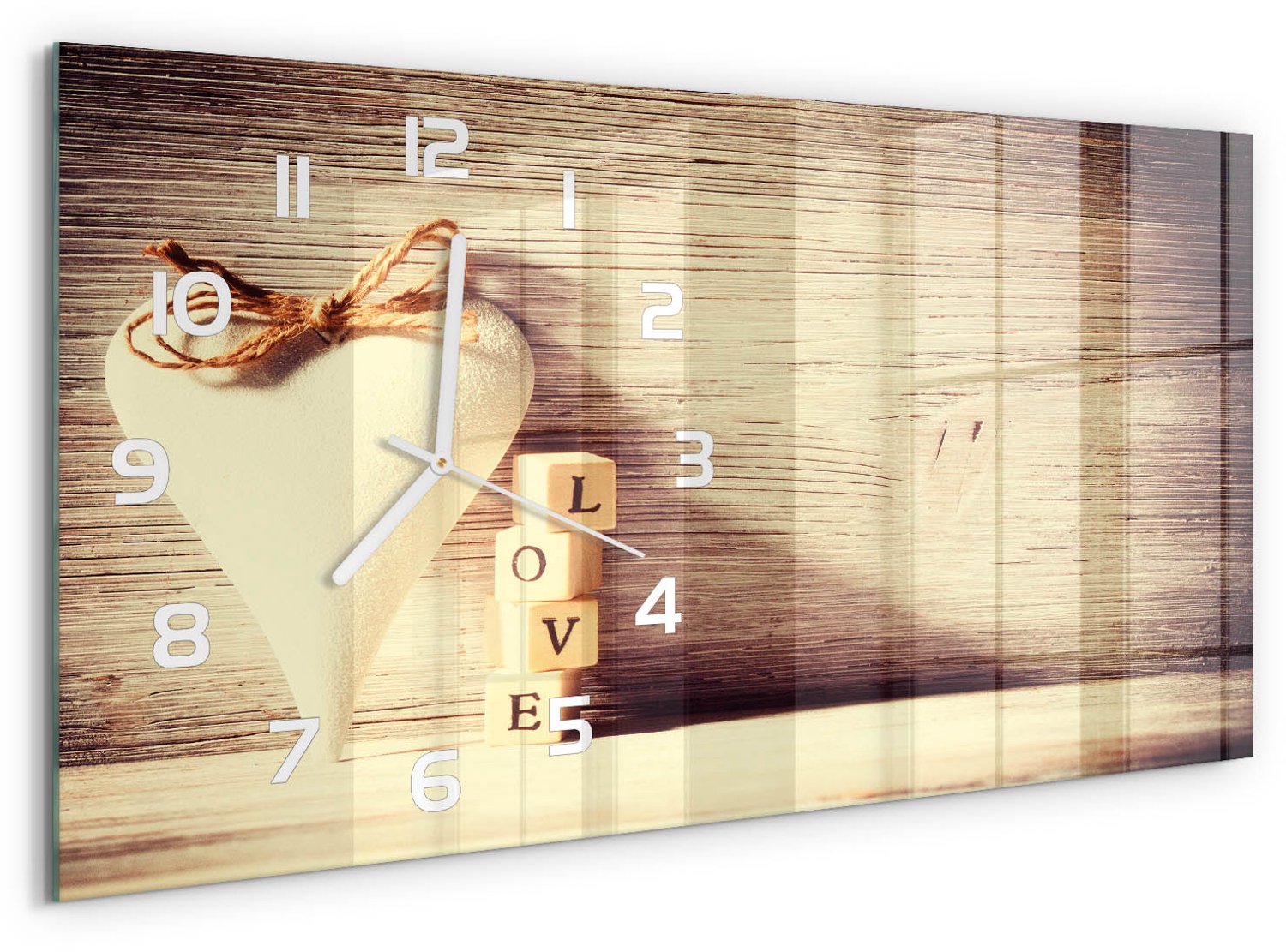 TULUP Wandklok - Liefde Glazen Klok Met Print - 60x30 cm - Beige Wandklok Glas Met Motief - Witte handen - Rechthoekige Klok - Wandklok Glas Decoratie - Gekleurde Glazen Klok