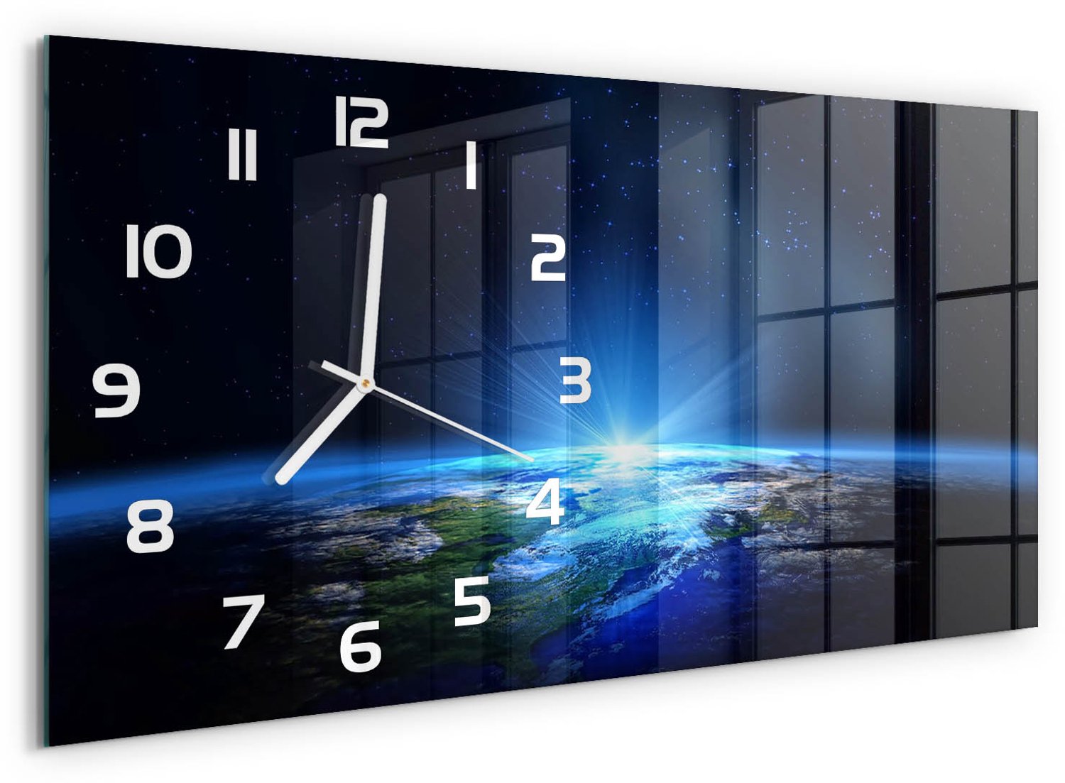 TULUP Wandklok - Planeet Aarde Klok Glas Met Opdruk - 60x30 cm - Blauw Moderne Wandklok Glas - Witte handen - Rechthoekige Klok - Decoratieve Glazen Klok - Glazen Wandklok Design