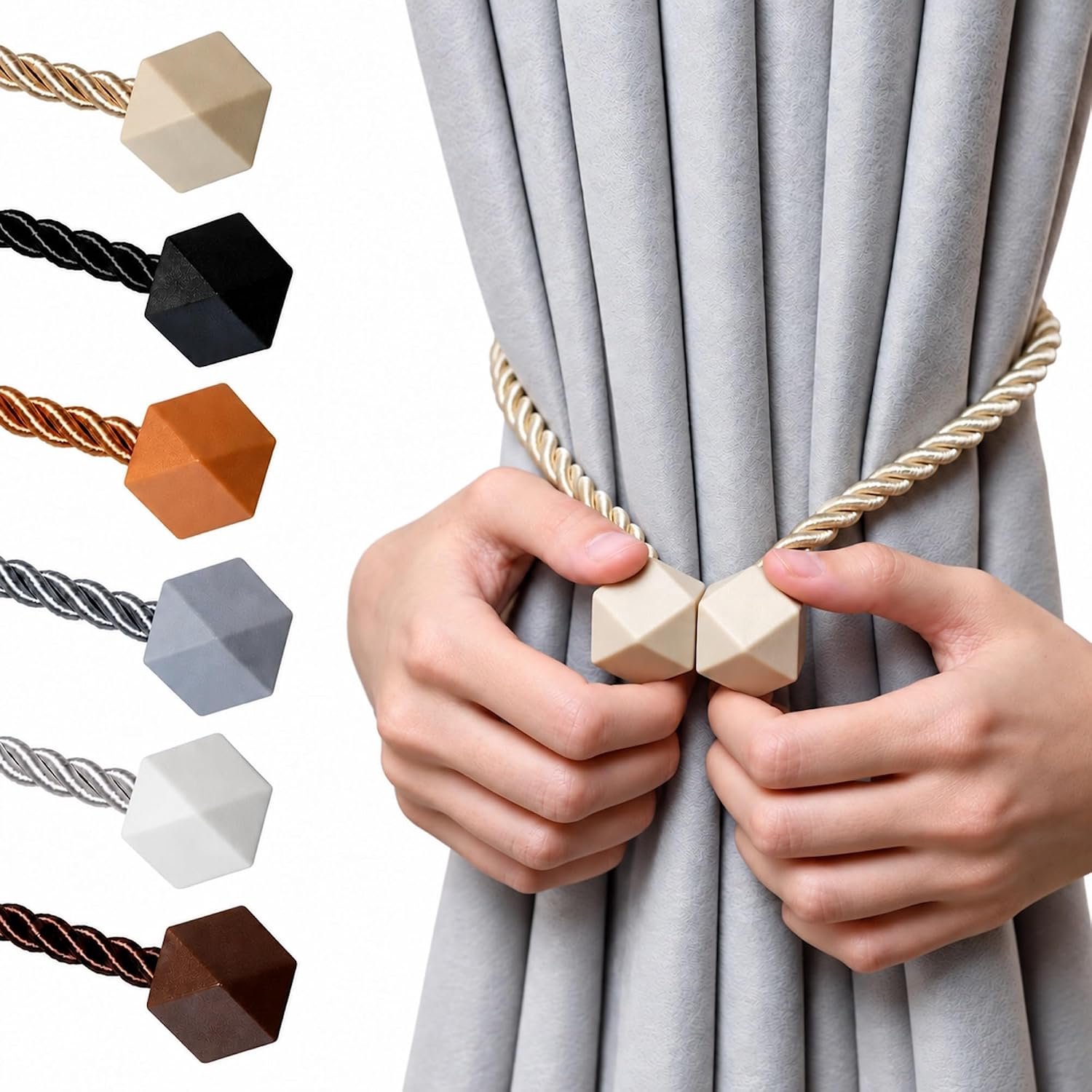 Magnetische gordijnhouders (set van 2) — Kubusvormige magneetsluiting — Magnetische gordijnclip — Minimalistische gordijnhouder – Beige