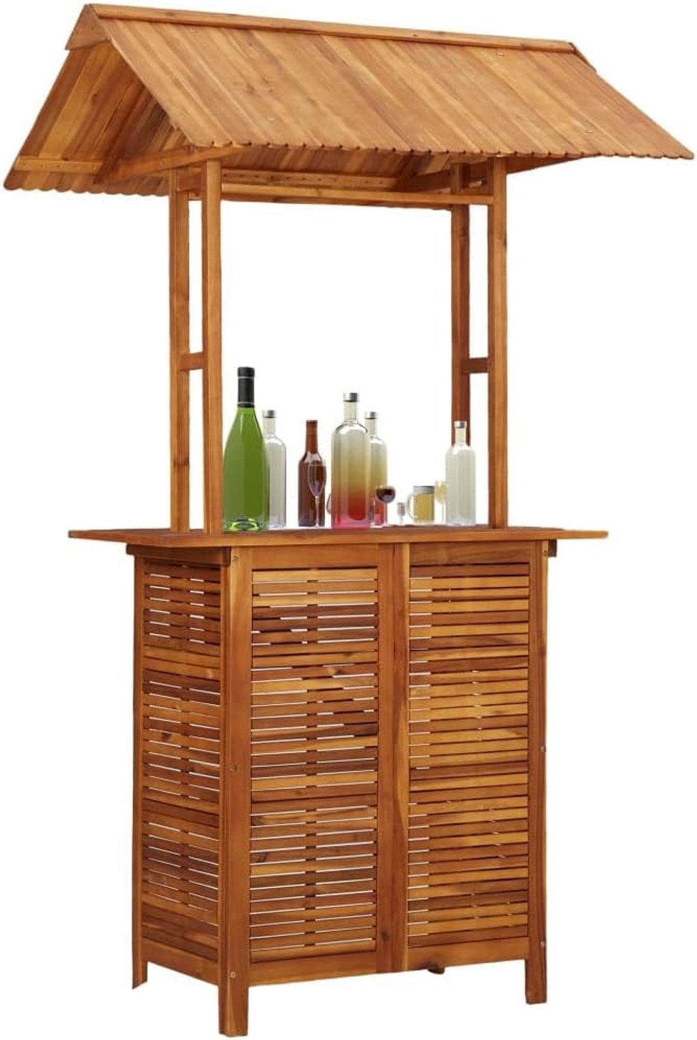Outdoorbartafel met dak, 113 x 106 x 217 cm, acaciahout, patiotafel, outdoor tafel, tuin, lounge-tafel, balkon, eettafel voor tuinen, terrassen, balkons
