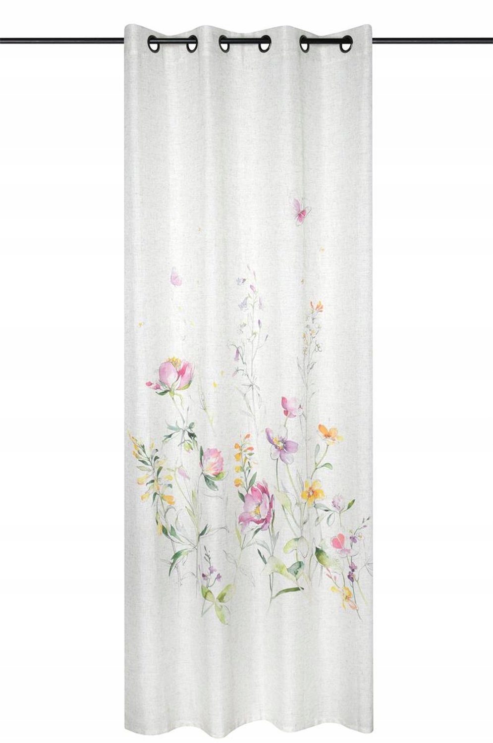 Wit gordijn met linnenlook en bloemenprint - 135x260 cm, kreukvrij