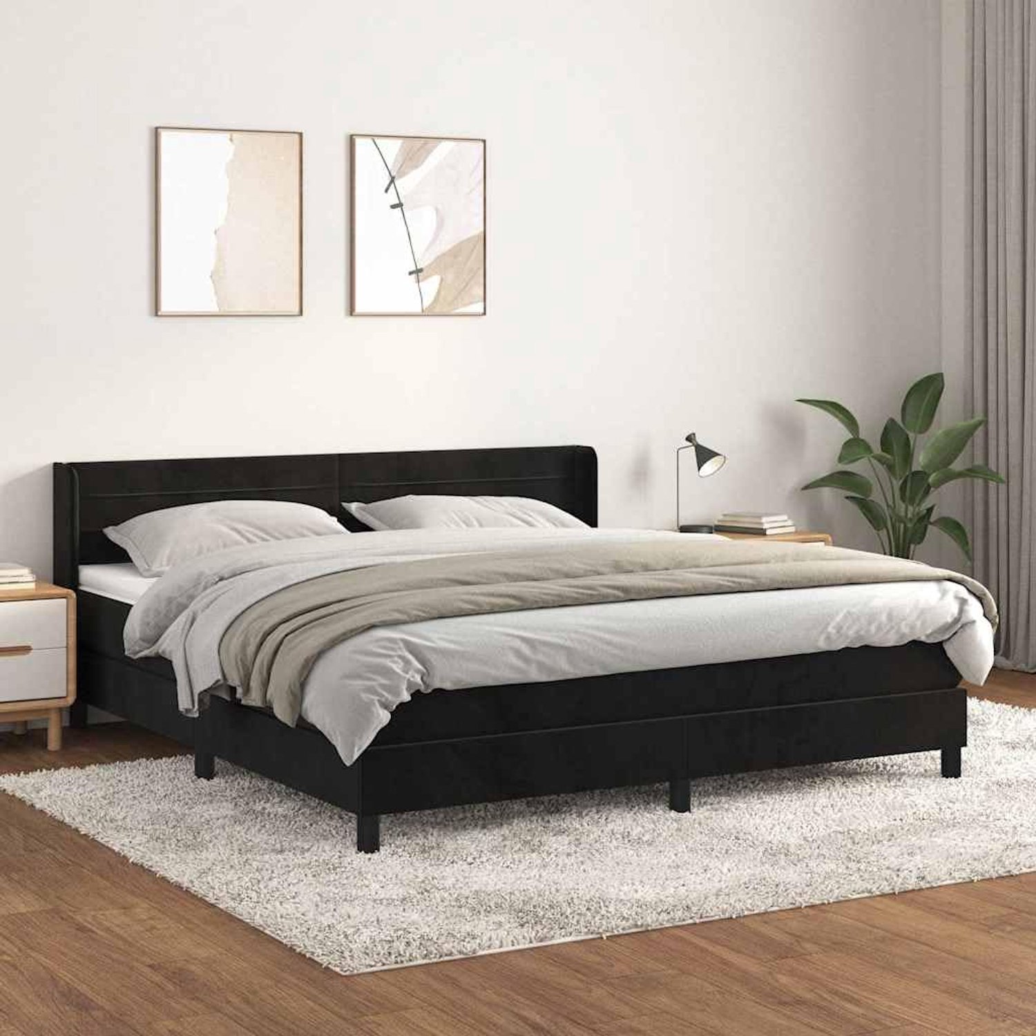 Bed met pocketvering matras fluweel zwart 180x200 cm luxe hoofdbord verstelbaar zachte stof middelhard matras voor rugslapers en buikslapers