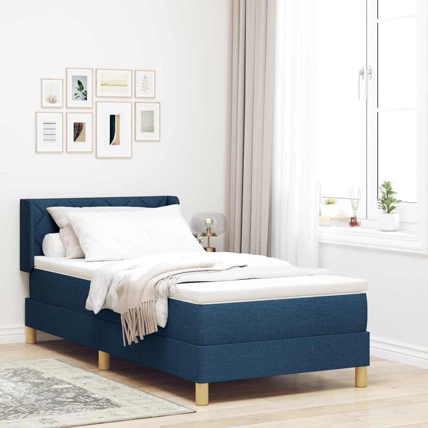 Boxspringbed met matras met hoofdeinde Blauw 200 x 100 cm Stof Hoogte Verstelbaar Hoofdbord Stevige Lattenbodem Inclusief Stijlvol Slaapkamerbed Geschikt voor 140 kg Eenvoudig Onderhoud
