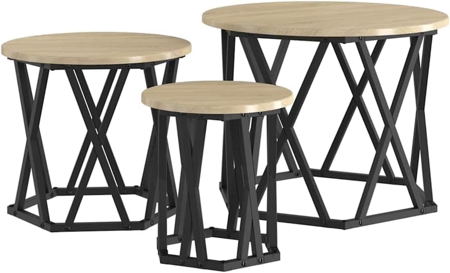 Set van 3 ronde bijzettafels van houtmateriaal en zwart staal, Sonoma-eiken salontafel voor woonkamer, praktische plank voor dranken en decoratie
