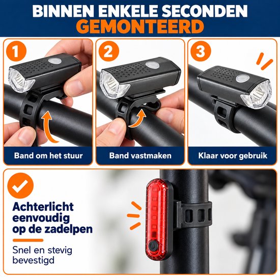 Dutch Standard Fietslampenset - Voorlicht 300 Lumen en Achterlicht - USB-C Oplaadbaar - Zwart — afbeelding 2