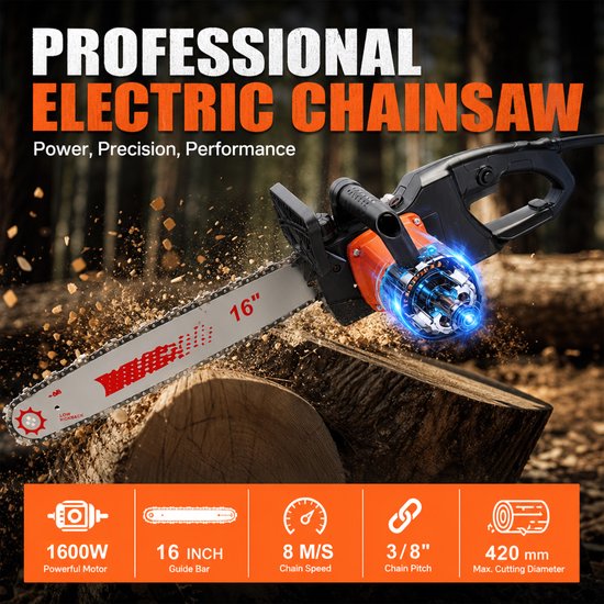 Elektrische Kettingzaag - 16 inch Kettingzaag - Snoeizaag - Takkenzaag - Handzaag - 1600W bekabelde elektrische kettingzaag - voor brandhout — afbeelding 4