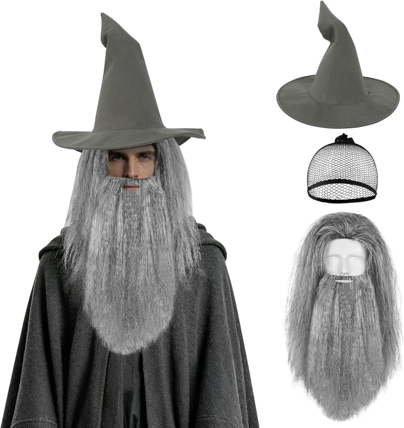 Tovenaarpruik, grijze tovenaarpruik, valse baard, heksenhoed voor volwassenen, ideaal voor Halloween-cosplay-feestjes en tovenaarskostuums (grijs)