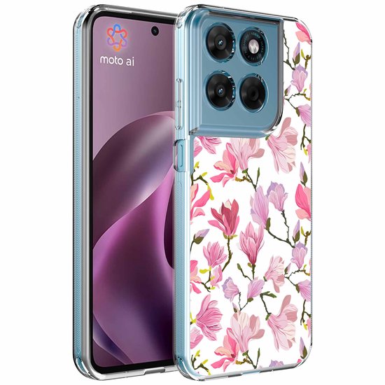 Transparante hoes met roze bloemenprint voor Motorola, toont 'moto ai' op het scherm.