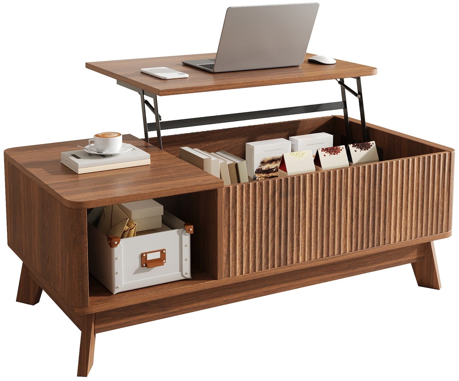 Salontafel met liftfunctie 95x48x50 cm - golfdesign - open zijvak - walnootkleur