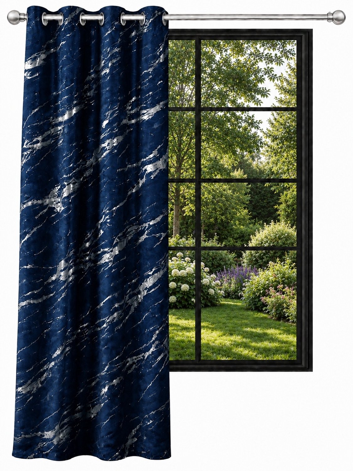 NOW-ART Luxe Velours Gordijn 140x250cm Navy Met Marmerprint - Ringgordijn