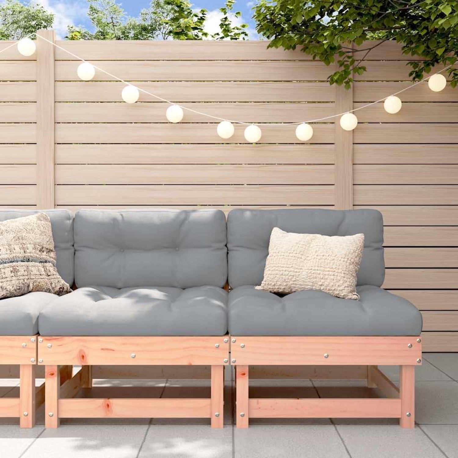 Douglasiahout tuinbank met kussens, 2 stuks, lattendesign, modulaire houten bank voor buiten, met rugleuning en dik gevoerde kussens voor tuin, terras of binnenplaats