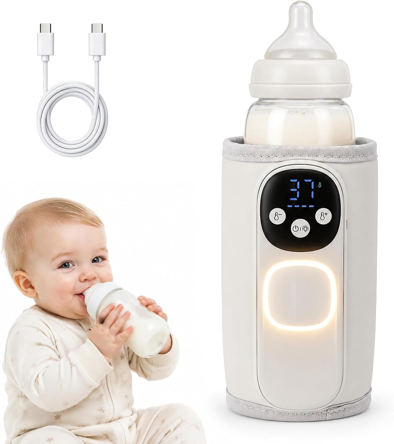 Flessenwarmer voor baby's, 8000 mAh batterij, 11 standen, 35-55 °C, USB-C